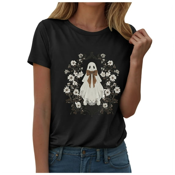 YDFCWXW Halloween Costumes for Women Funny Pumpkin Ghost Printed Cute T Shirts Graphic Tops Fall Tee Fashion Gift (Black, 3XL)