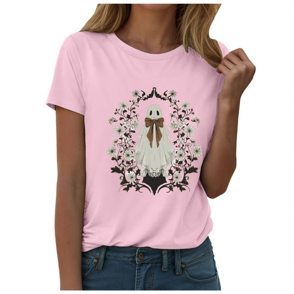 YDFCWXW Halloween Costumes for Women Funny Pumpkin Ghost Printed Cute T Shirts Graphic Tops Fall Tee Fashion Gift (Pink, XXL)