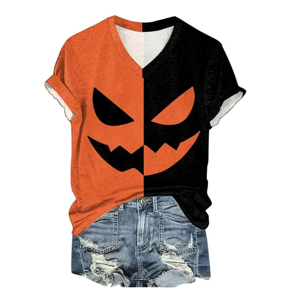 YDFCWXW Halloween Shirt for Women Shirt Funny Top Loose Fit V-Neck T-Shirt Short Sleeve Tee Gold, XL