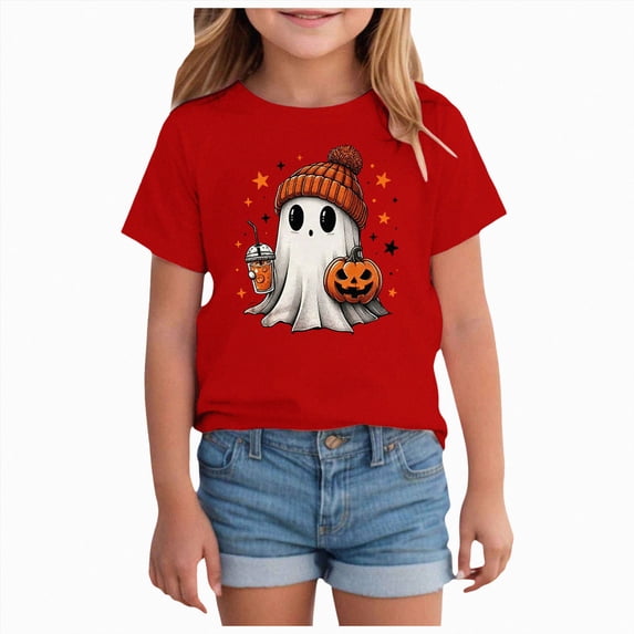 YDFCWXW Halloween Outfit Toddler Boy Girl Pumpkin Ghost T-Shirt Kids Ghost Graphic Shirt Spooky Season Pullover Fall Tops (Red, 3-4 Years)