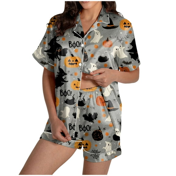 YDFCWXW Halloween Pajamas for Women Cute Fall Sets Spooky Pumpkin Shirt and Soft Silk Shorts 2 Piece Loungewear Sets 2025 Grey, S