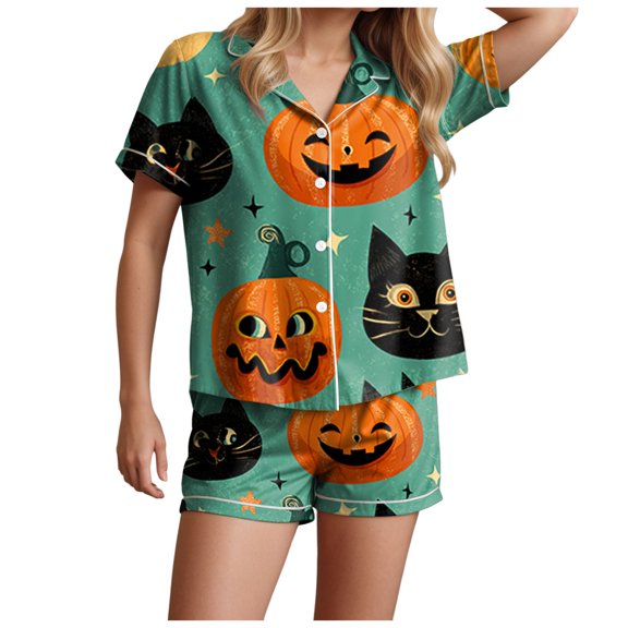 YDFCWXW Halloween Pajamas for Women Sets 2Pc Ghost Graphic Cute Button Up Short Sleeve Shirts Lounge Shorts Sleepwear Set Green, L