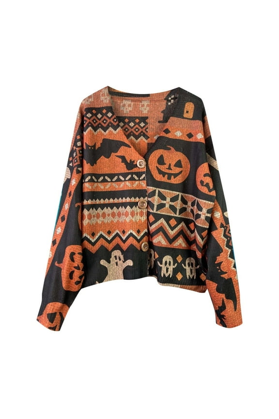 Halloween Pumpkin Ghost Sweater Y2k Graphic Cardigan Sweater Holiday Party Long Sleeve Pullover Tops Orange, S