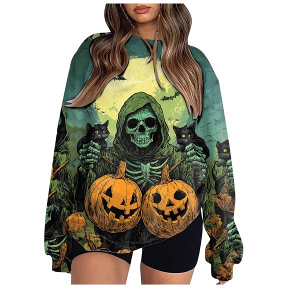 YDFCWXW Halloween Pumpkin Sweatshirts for Women Funny Ghost Graphic Spooky Season Fall Pullover Top Orange, S