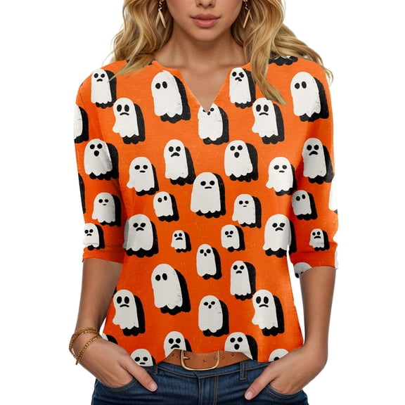 YDFCWXW Halloween Shirts for Women 2025,Womens Ghost Print Pumpkin Tee Lightweight Pullover Tops Yellow, L