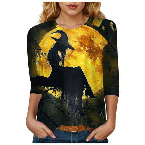 YDFCWXW Halloween Shirts for Women 3/4 Length Sleeve Graphic T Shirt Vintage Print Tees Fall 2025 Halloween Gold, L