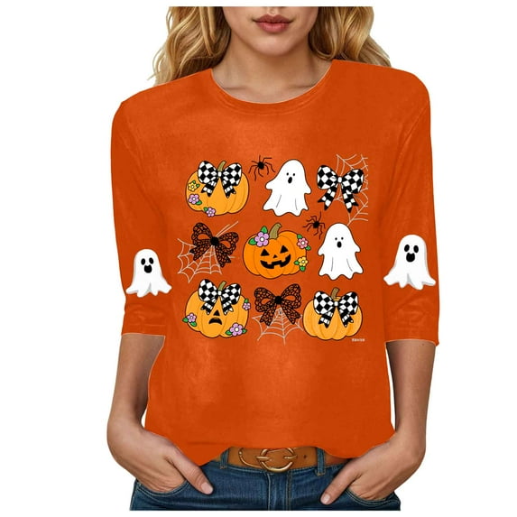 YDFCWXW Halloween Shirts for Women 3/4 Sleeve Crew Neck Tops Pumpkin/Ghost Prints Loose Fit Casual T-Shirts Blouses (Orange, 3XL)