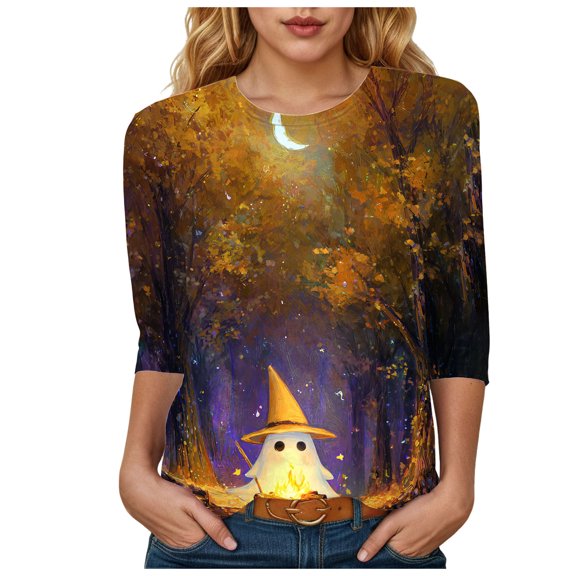 YDFCWXW Halloween Shirts for Women 3/4 Sleeve Length Fall Fashion 2025 Pumpkin Ghost Spooky Season Shirt Purple, S