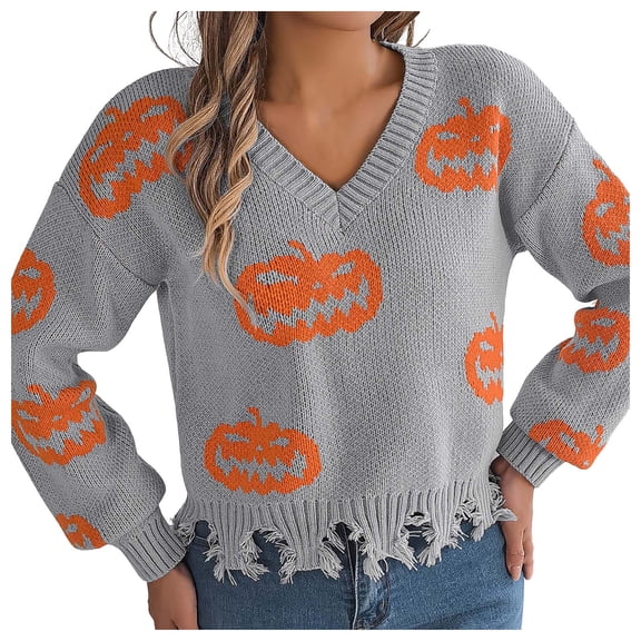 YDFCWXW Halloween Sweater for Women Pumpkin Face Print Ribbed Knit Pullover Tops Long Sleeve V Neck Sweaters Fall Winter Fashion Clothes (Grey, S)