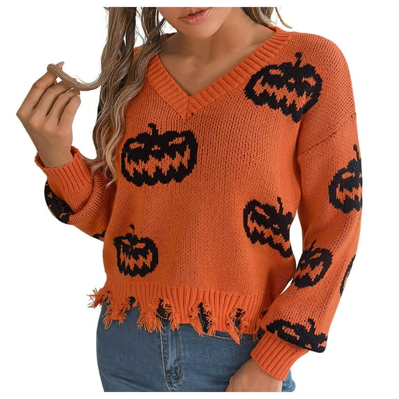 YDFCWXW Halloween Sweater for Women Pumpkin Face Print Ribbed Knit Pullover Tops Long Sleeve V Neck Sweaters Fall Winter Fashion Clothes (Orange, S)