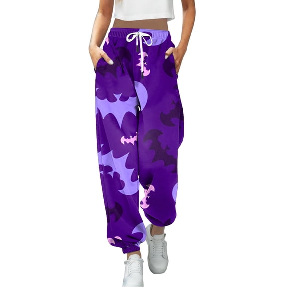 YDFCWXW Halloween Sweatpants for Women 2025 Elastic High Waisted Sporty Jogger Baggy Lounge Bottoms with Pockets (Purple, S)