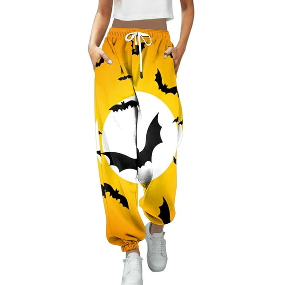 YDFCWXW Halloween Sweatpants for Women 2025 Elastic High Waisted Sporty Jogger Baggy Lounge Bottoms with Pockets (Yellow, XL)