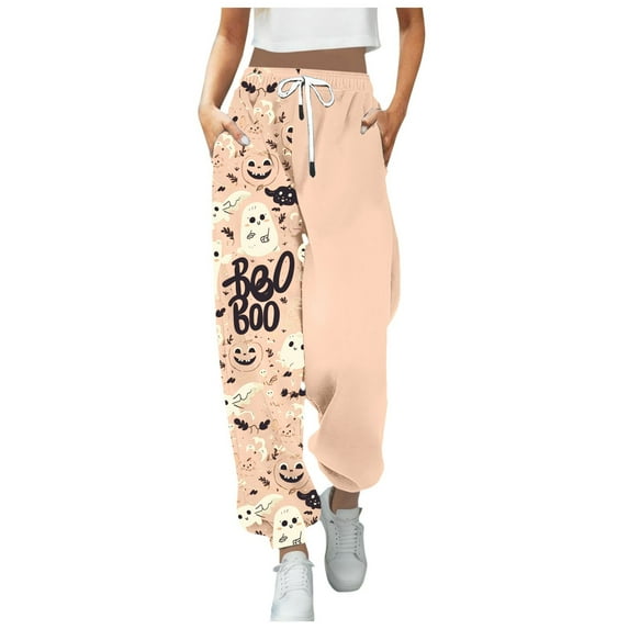YDFCWXW Halloween Sweatpants for Women Baggy High Waisted Jogger Ghost Cartoon Graphic Sweat Pants with Pockets Gold, L