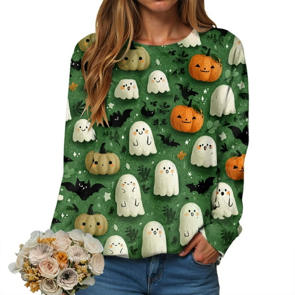 YDFCWXW Halloween Sweatshirt Women Ghost Shirts Funny Pumpkin Graphic Shirt Spooky Season Crewneck Pullover Long Sleeve Tops 2025 Green, S