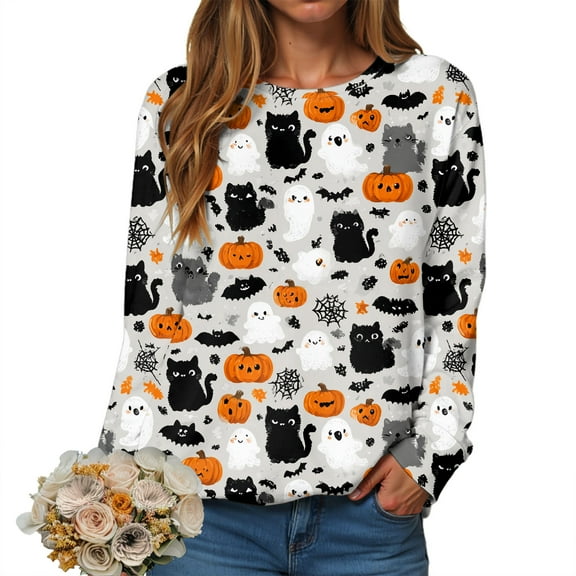 YDFCWXW Halloween Sweatshirt Women Ghost Shirts Funny Pumpkin Graphic Shirt Spooky Season Crewneck Pullover Long Sleeve Tops 2025 White, M