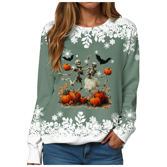 YDFCWXW Halloween Sweatshirt for Women Retro Snowflower Graphic Shirts Funny Casual Holiday Pullover Top Green, XXL