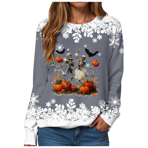 YDFCWXW Halloween Sweatshirt for Women Retro Snowflower Graphic Shirts Funny Casual Holiday Pullover Top Grey, XXL