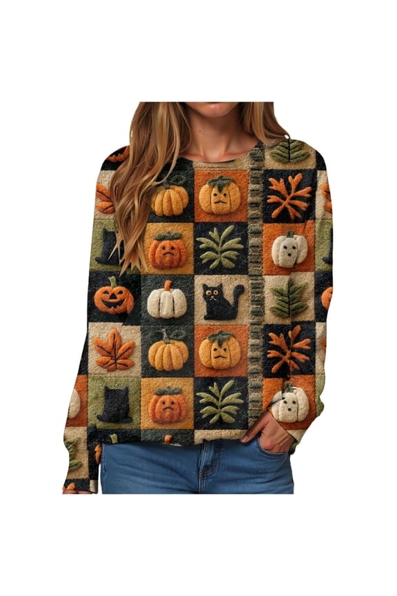 Halloween Sweatshirts for Women Long Sleeve Tops Womens Pumpkin Pattern Round Neck T-Shirts Plus Size Funny Blouses Khaki, XXL