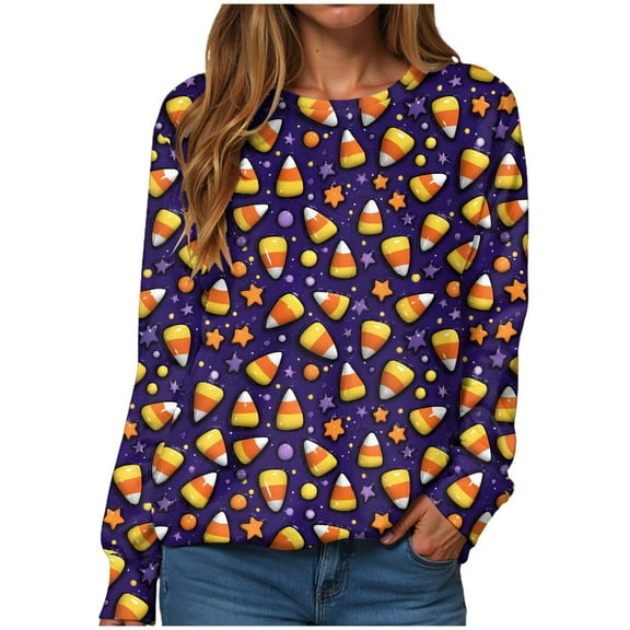 YDFCWXW Halloween Sweatshirts for Women Long Sleeve Tops Womens Pumpkin Pattern Round Neck T-Shirts Plus Size Funny Blouses Purple, XL
