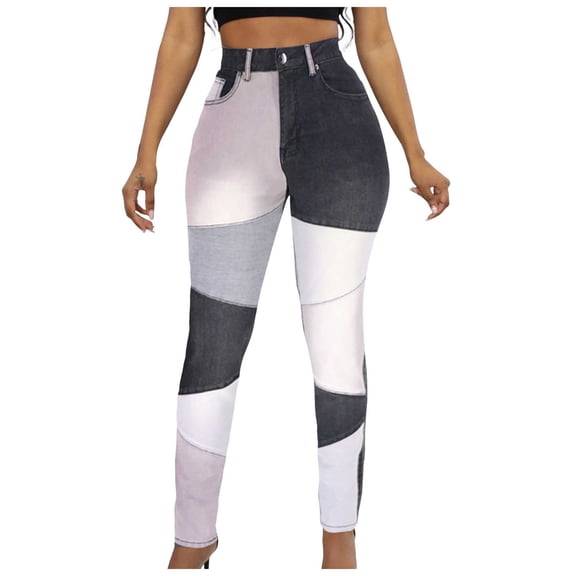 YDFCWXW High Waisted Jeans for Women: Skinny Denim Patchwork Stretch Casual Pants Black, 3XL