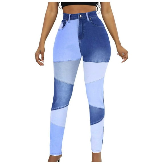 YDFCWXW High Waisted Jeans for Women: Skinny Denim Patchwork Stretch Casual Pants Blue, L