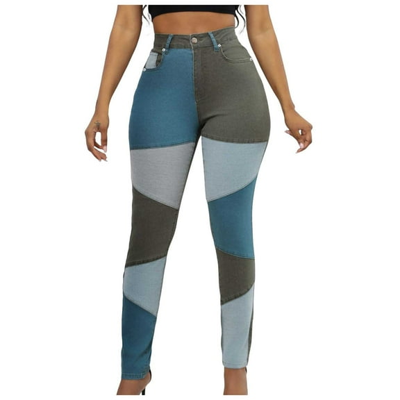 YDFCWXW High Waisted Jeans for Women: Skinny Denim Patchwork Stretch Casual Pants Green, M