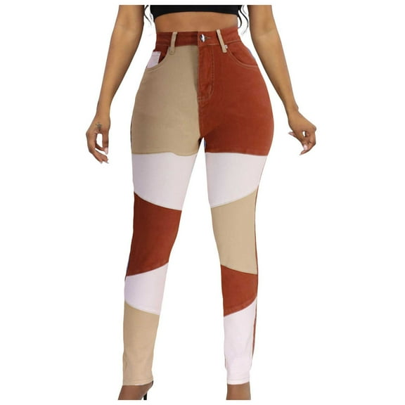 YDFCWXW High Waisted Jeans for Women: Skinny Denim Patchwork Stretch Casual Pants Red, 3XL