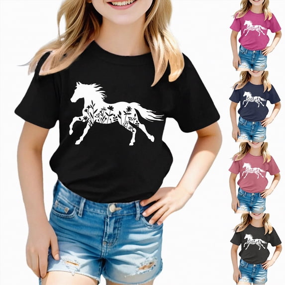YDFCWXW Horse Shirt for Girls Western Shirt Cowgirl Tshirts Horse Riding Tee Animal Lover Gift Graphic Tees Tops (Hot Pink, 3-4 Years)