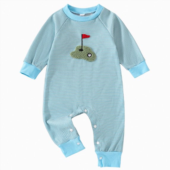 YDFCWXW Infant Baby Boy Golf Outfit Crew Neck Embroidery Golf Cart Romper Jumpsuit Patchwork Long Sleeve One Piece Playsuit (Blue, 12-18M)