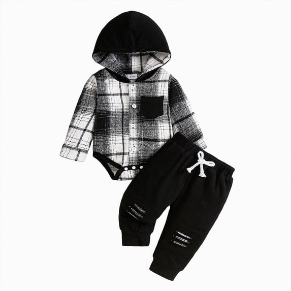 YDFCWXW Infant Baby Fall Clothes Boy Girl Plaid Hoodie Sweatshirt Romper Flannel Tops+ Sweatpants Festival Outfits (Black, 1-3 Months)