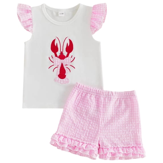 YDFCWXW Infant Toddler Baby Girl Summer Outfit Bow Crawfish Embroidery Ruffle Short Sleeve T-Shirt Top and Plaid Shorts Set (Pink, 2-3 Years)