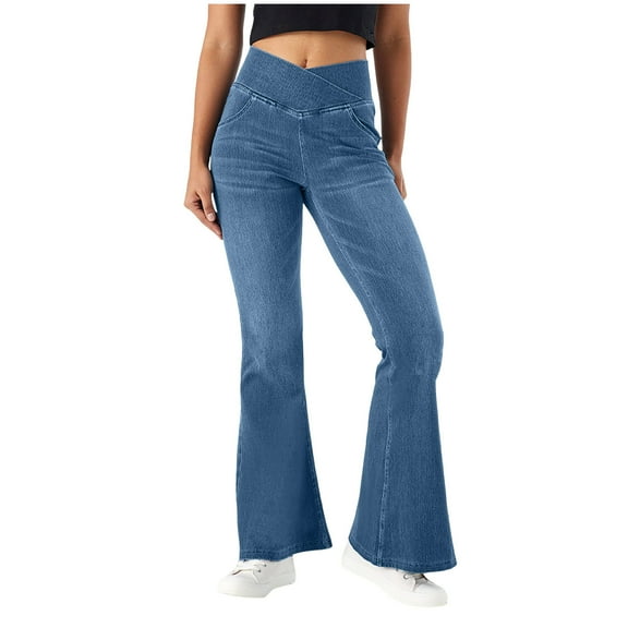 YDFCWXW Jeans for Women High Waisted Stretchy Flare Jeans with Pockets Trendy Crossover Pull On Flare Jeggings Blue, XL