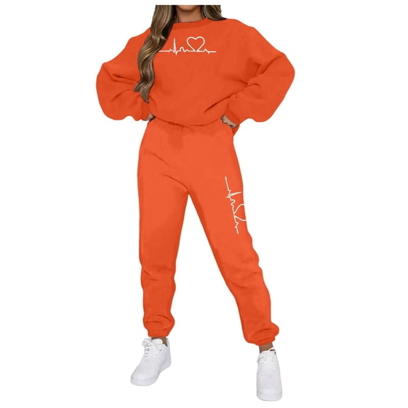 YDFCWXW Jogger Sets for Women 2 Piece Baggy Fit Funny Print Track Suits Soft Solid Color Sweatsuits Set with Pockets (Orange, M)
