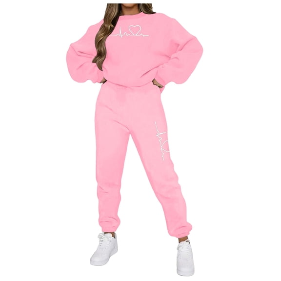 YDFCWXW Jogger Sets for Women 2 Piece Baggy Fit Funny Print Track Suits Soft Solid Color Sweatsuits Set with Pockets (Pink, XXL)