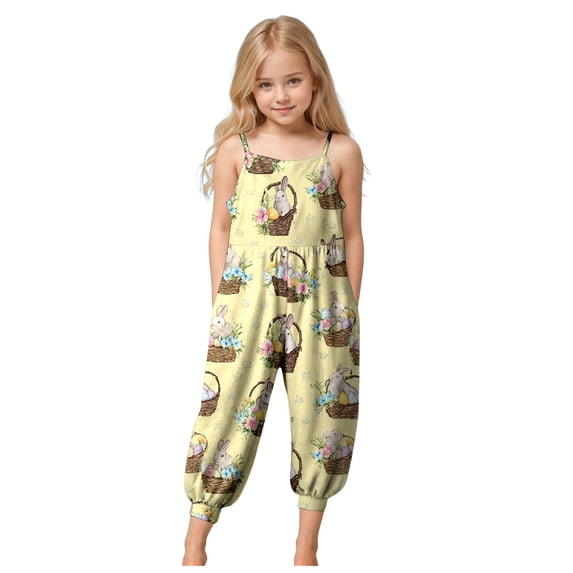 YDFCWXW Jumpsuits for Girls Casual Sleeveless Loose Spaghetti Strap Summer Rompers Long Pants (Yellow, 9-10 Years)