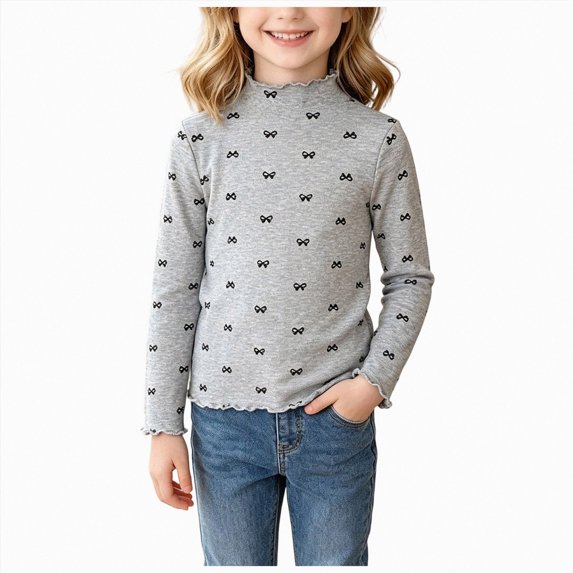 YDFCWXW Kids Base Layer Top Girls Long-Sleeve Fashion Cotton T-Shirt Baby Ruffled Hem Top (Grey, 9-10 Years)