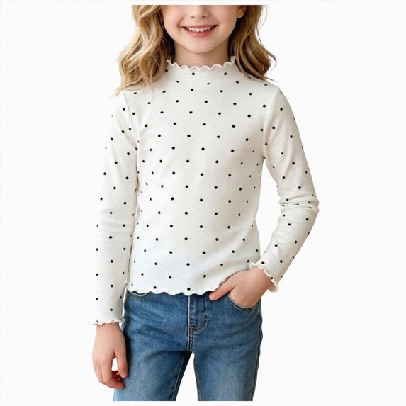 YDFCWXW Kids Base Layer Top Girls Long-Sleeve Fashion Cotton T-Shirt Baby Ruffled Hem Top (White, 7-8 Years)