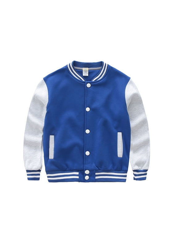 Kids Boys Varsity Jacket Letterman Baseball Button Down Long Sleeve Casual Outwear with Pocket for School (Dark Blue, 5-6 Years)