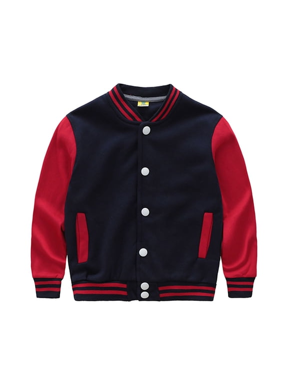 Kids Boys Varsity Jacket Letterman Baseball Button Down Long Sleeve Casual Outwear with Pocket for School (Navy, 7-8 Years)