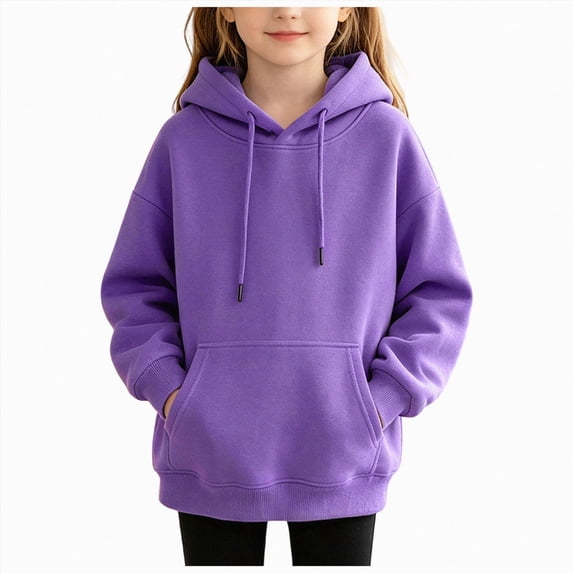 YDFCWXW Kids Solid Color Hoodie Pullover, Long Sleeve Hooded Sweatshirt Drawstring Kangaroo Pocket Athletic Hoodies for Boys Girls (Purple, 7-8 Years)