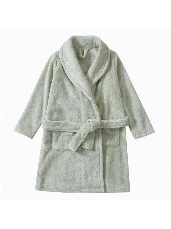 Kids Thick Fleece Long Sleeve Robe with Lapel Collar, Pockets & Belt, Front Open Plain Warm Outfits for Boys Girls Towel Wrap (Green, 11-12 Years)