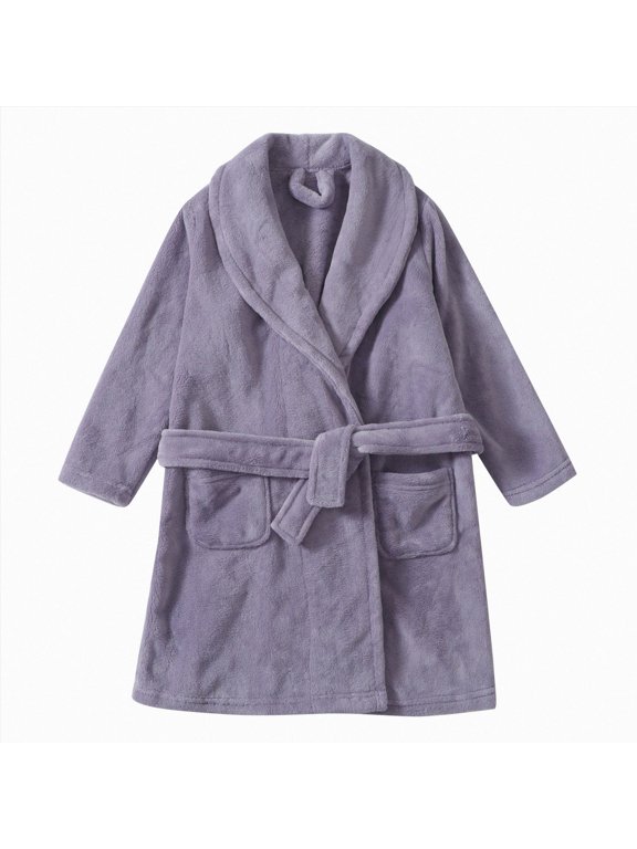 Kids Thick Fleece Long Sleeve Robe with Lapel Collar, Pockets & Belt, Front Open Plain Warm Outfits for Boys Girls Towel Wrap (Purple, 13-14 Years)