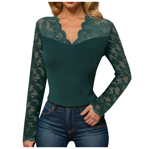 YDFCWXW Lace Crochet Long Sleeve Top for women Deep V Neck Slim Fit Contrast Sheer Mesh Blouse Shirts Y2k Going Out Tops Green, M