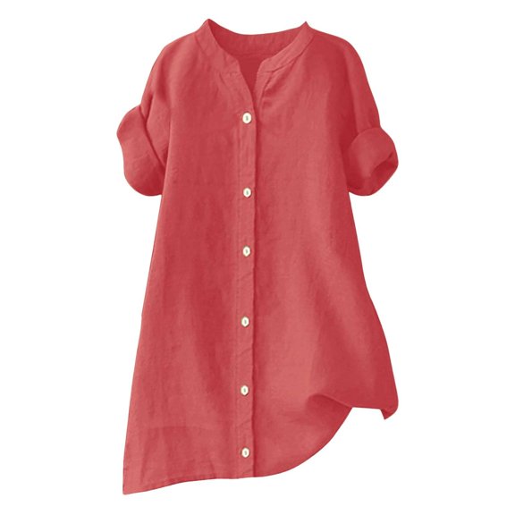 YDFCWXW Linen Button Down Shirt for Women Cotton Short Sleeve Dressy Casual Blouses V Neck Plus Size Tops Loose Fit Clothes Red, S