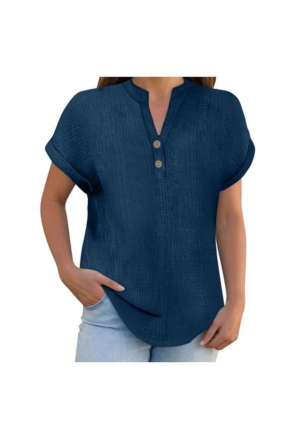 Linen Shirts for Women V Neck Button Down Short Sleeve Office Work Tops Vintage Vacation Tees Shirt Blouse Tops Navy, 3XL