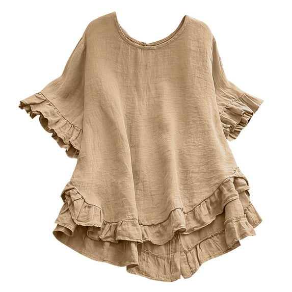 YDFCWXW Linen Tops for Women Short Ruffle Sleeve Shirts Crewneck Pleated Blouses Dressy Casual Fashion Button Down Tunic Top Beige, L