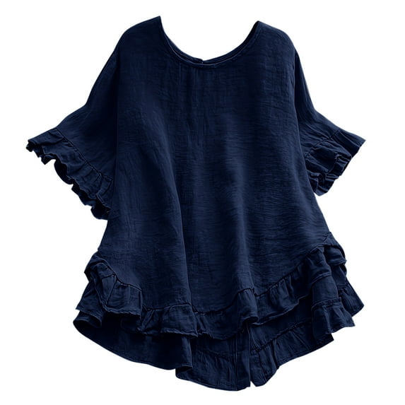 YDFCWXW Linen Tops for Women Short Ruffle Sleeve Shirts Crewneck Pleated Blouses Dressy Casual Fashion Button Down Tunic Top Navy, XL