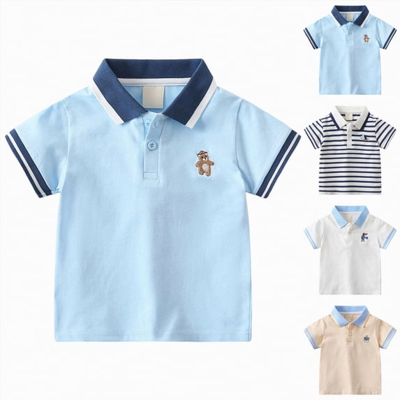 YDFCWXW Little Boys Short Sleeve Polo Shirt Cute Summer Tee Uniform Embroidery Lapel Button Down Tee Shirts (Beige, 6-7 Years)
