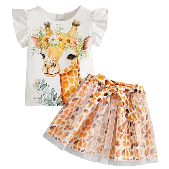 YDFCWXW Little Girl Skirt Outfit Two Piece Spring Summer Outfit Butterfly Dress Print Skirt Toddler Girl Outfit Set (Yellow, 3-4 Years)