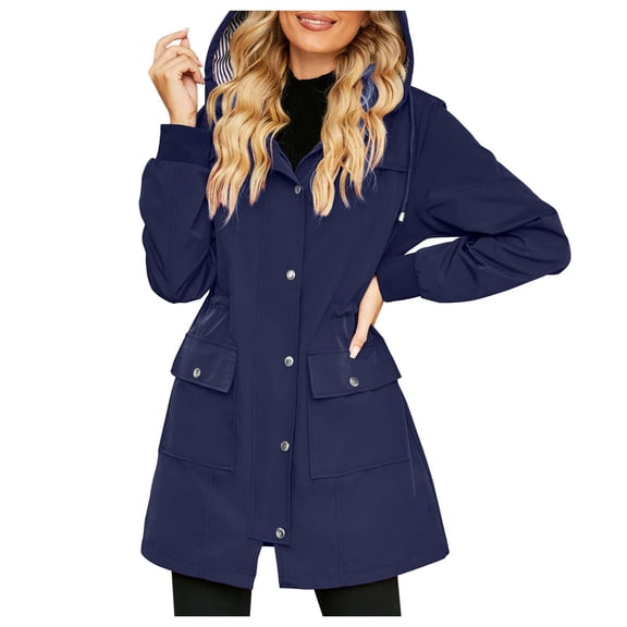 YDFCWXW Long Rain Coat for Women Packable Rain Jacket Womens Waterproof Raincoat Lightweight Hooded Windbreaker Trench Coat Navy, S